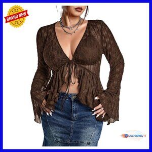 Plus Size Mesh Long Sleeve Top Deep V Neck Bell Sleeve Tee
